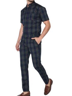 Romper Jack Short Sleeve Plaid Jumpsuit, Tartan Plaid, Navy Green, L